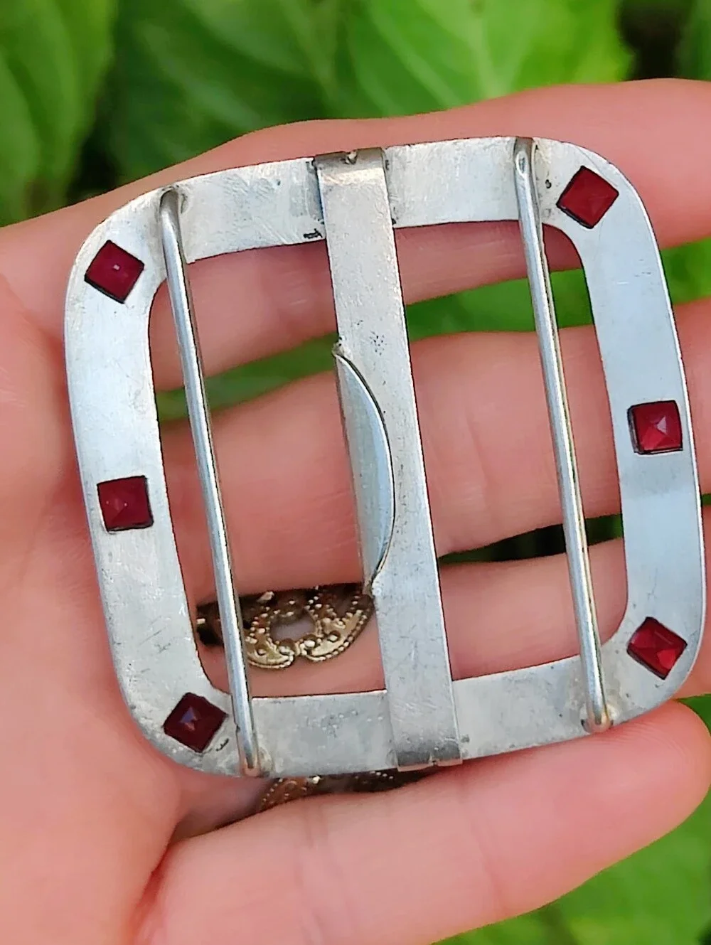 Antique Edwardian 900 Silver B Etched Garnet Belt Buckle